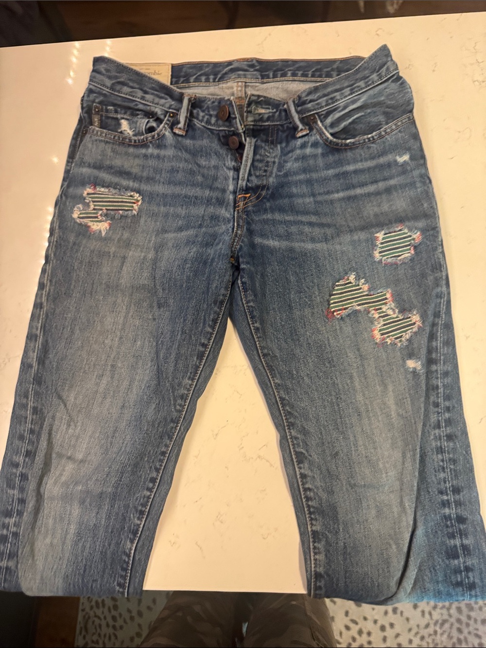 Abercrombie & Fitch Light Blue Distressed Boyfriend Jeans with Striped Patch